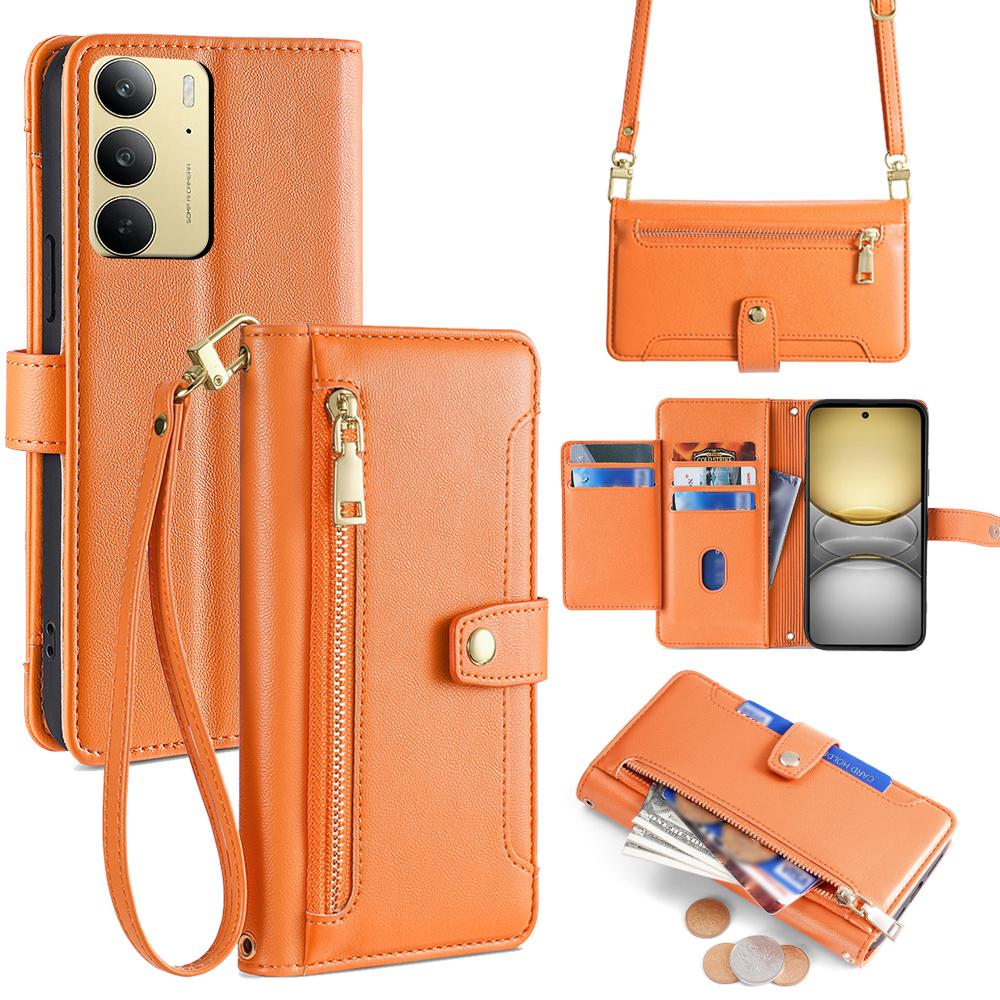 For Realme C75/14x 5G Case Zipper Pocket Wallet Leather Phone Cover with 2 Straps