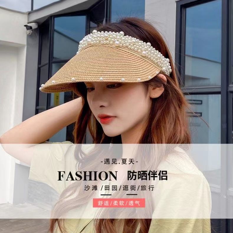 Hat women's summer new face small pearl empty top hat spring and summer cap fashion sunscreen cap breathable sun hat
