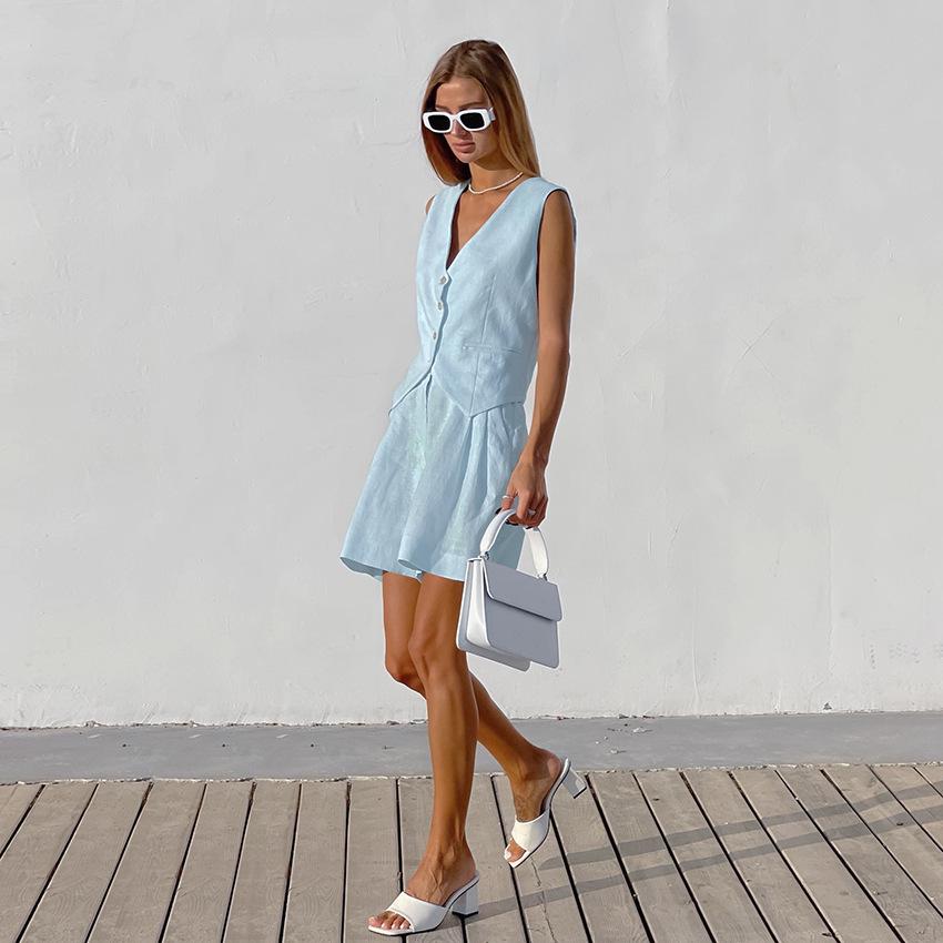 2025 Euro-American Style Cotton Linen Women's Sleeveless Vest & Shorts Set - Summer Casual Two-Piece