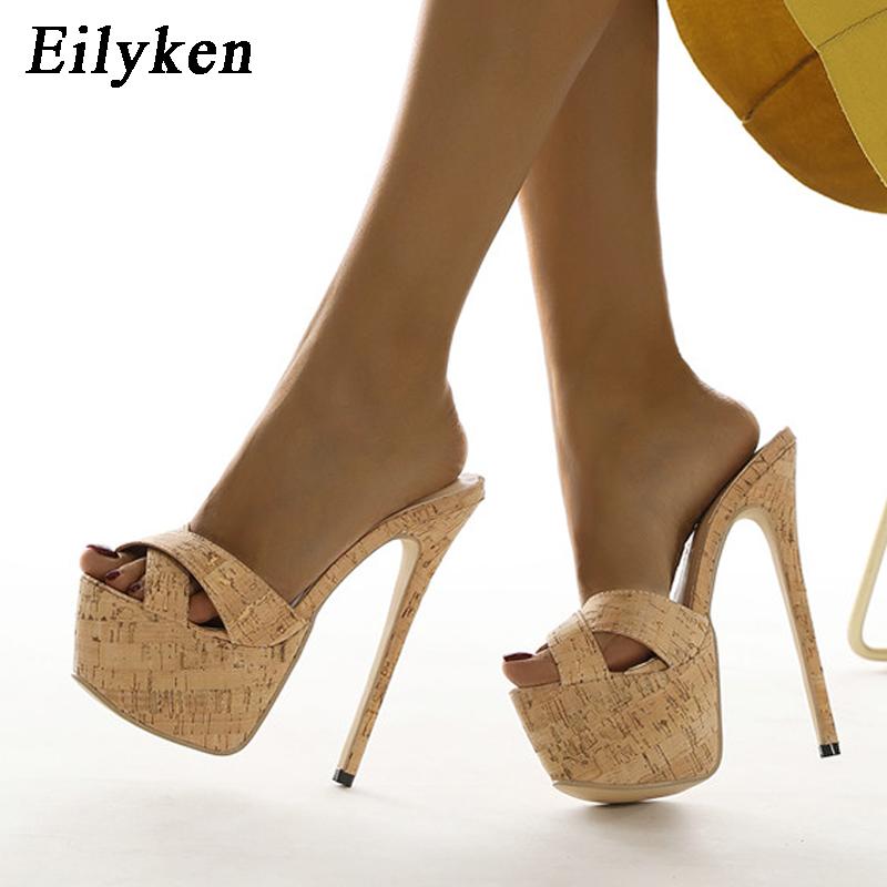 Summer Ultra Thin High Heels 17CM Ladies Slippers Fashion Brief Slingback Peep Toe Slip-On Platform Sandals Mules Shoes