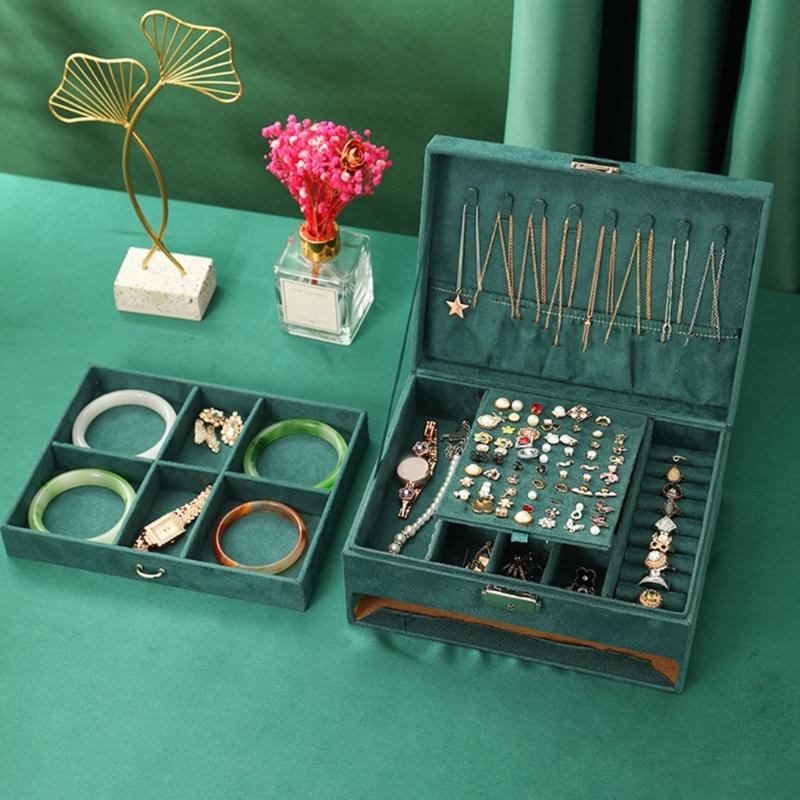 Elegant Emerald Velvets Jewelry Case Antique Inspired Designs Secure Storage Compartments For Rings Earrings Chains