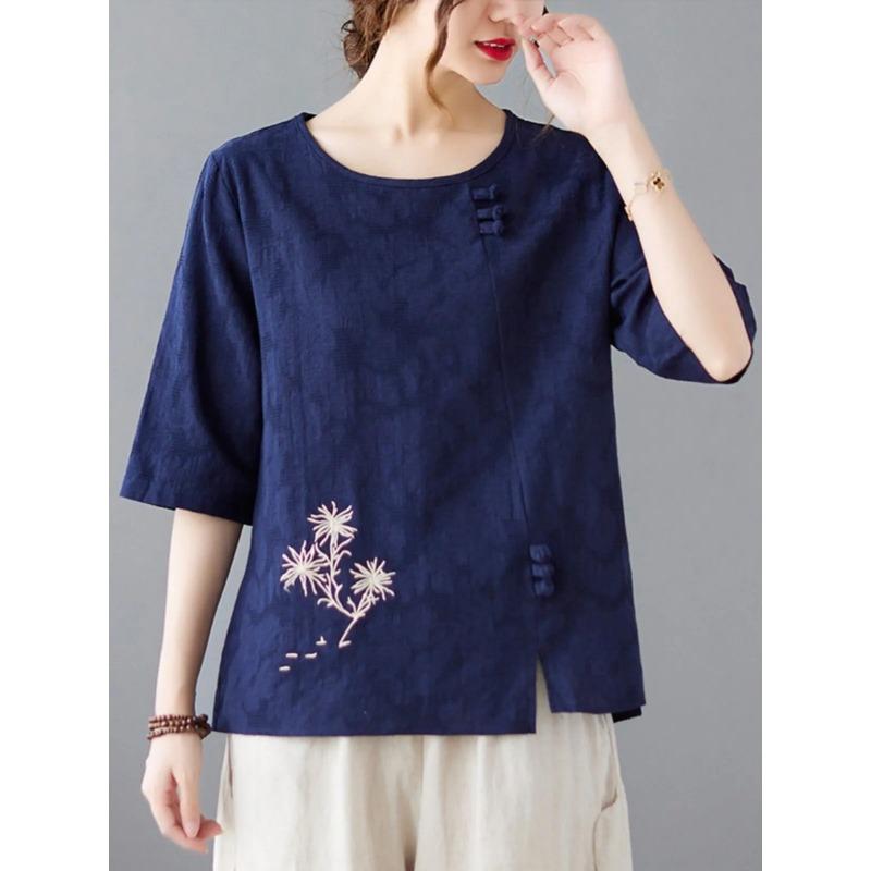 Women's Retro Linen Blend Blouse Casual Half Sleeve Round Neck Top with Floral Embroidery