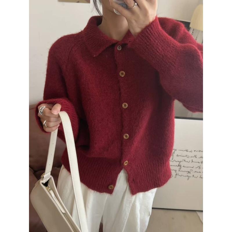 Lazy Single-breasted Solid-color Knitted Sweater Women's Cardigan Autumn and Winter Wear Loose and Thin Top Jacket