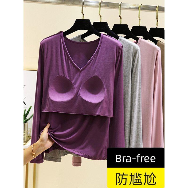 With Chest Pad Modal Long Sleeves Shirt Women Autumn Loose V-neck All-Match Casual Bottoming Shirt Thin Plus Size Top