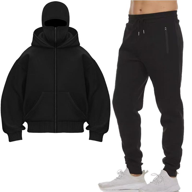 Dvojitá čepice s kapucí a kalhoty sada módní design kukla obličejová maska ​​zip mikina s kapucí muži ženy streetwear trend hip hop mikina kabát