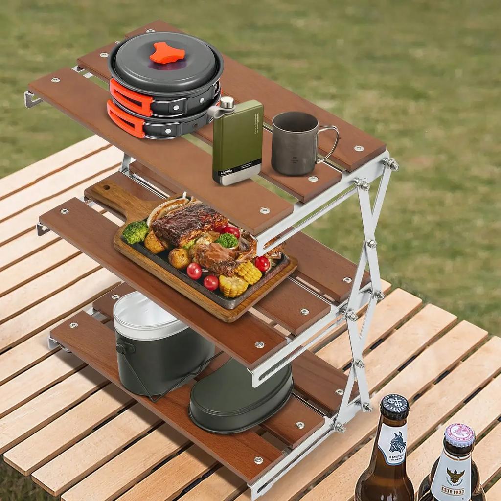 3-Tier Foldable Camping Table Storage Rack Kitchen Storage Shelf Multi-Function Storage Shelf for Picnic,Beach,Fishing, BBQ
