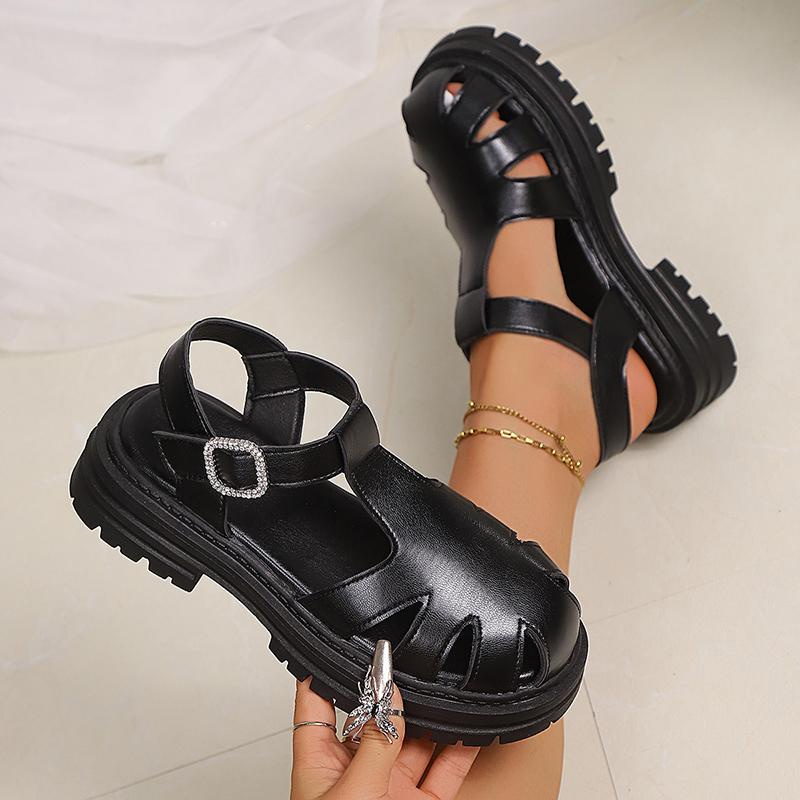 Fashion Black Pu Leather Thick Bottom Rome Sandals Women Summer Closed Toe Platform Sandles Woman Fashion Non Slip Beach Sandalias Mujer