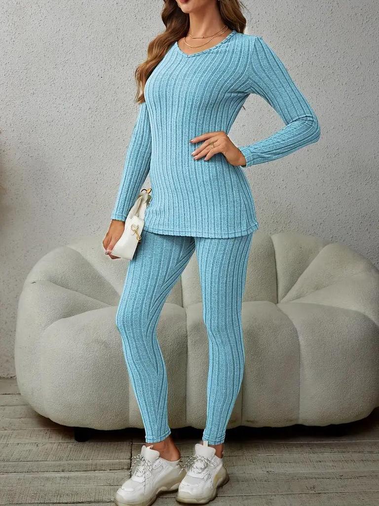 2025 Spring Casual V-Neck Long Sleeve Slit Top & Pants Set