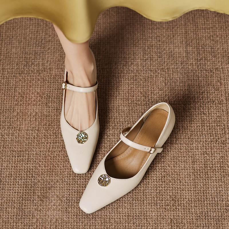 Krazing Pot Microfiber Square Toe Thick Med Heels Spring Summer Shoes Big Size 43 Metal flowers Women Shallow Pumps
