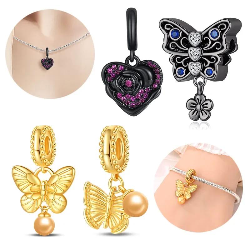 Copper Colors Gold Butterfly Black Flower Charms Beads Fit Original Bracelet Diy Fine Jewelry Gift For Women