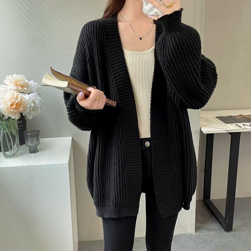Chic Loose Casual Mid Length Knitted Cardigan Sweater Women Autumn and Winter V Neck Warm Women Sweaters Jacket Elegant Vintage Solid Cardigans 25250