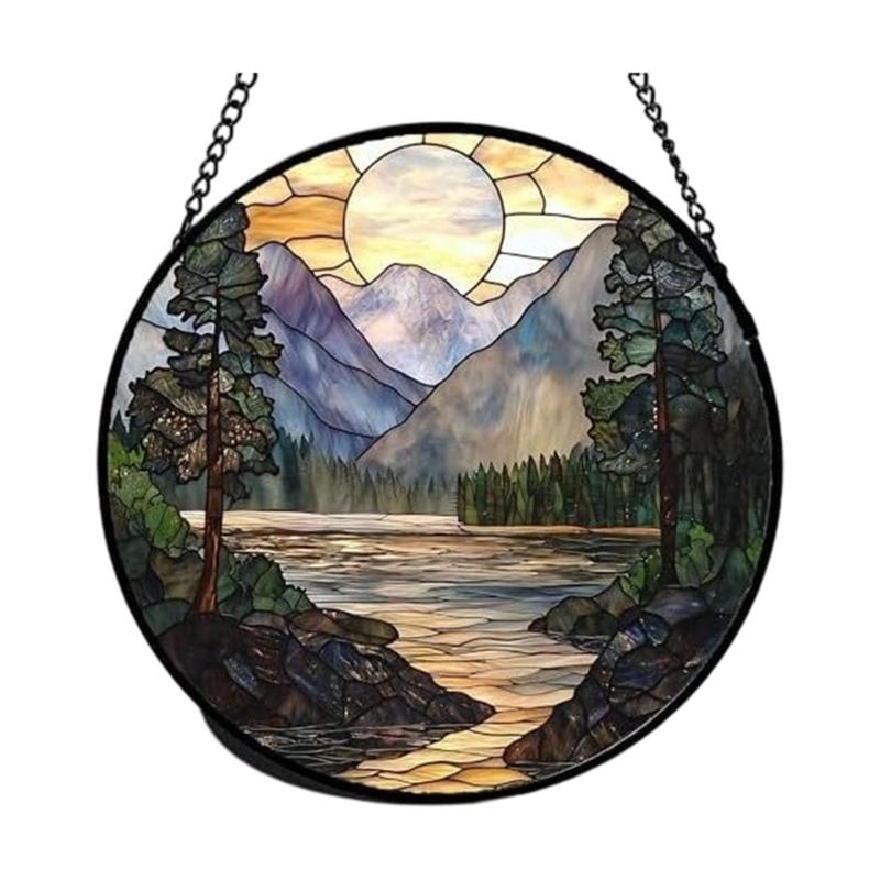 Colorful Landscape Stained Glass Suncatchers Sunset Mountains Lake Acrylic Hanging Ornament for Home Garden Window Decors