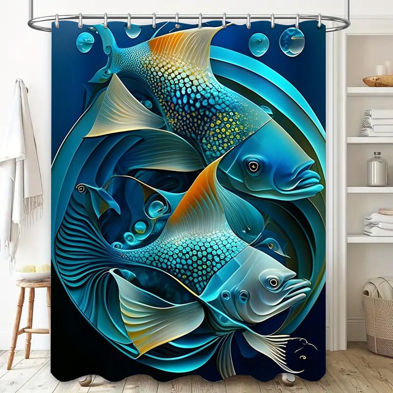 Blue Fish Print Shower Curtain Modern Watercolor Artistic Bathroom Decor for Home Decoration