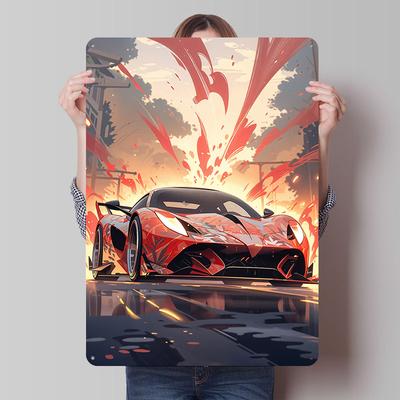 Red Sports Car With Splash Printed Poster Customized Wall Art Retro Vintage Metal Tin Signs for Garage Room Decor Men Man Cave