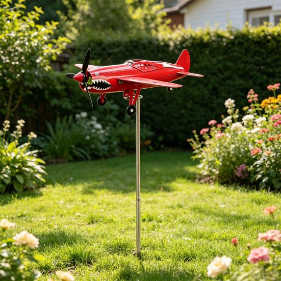 Red Airplane Wind Spinner 3D Kinetic Metal Wind Sculpture 360 Rotating Windmill Stake Yard Art for Front Porch Backyard Lawn Flower Bed Garden Decor