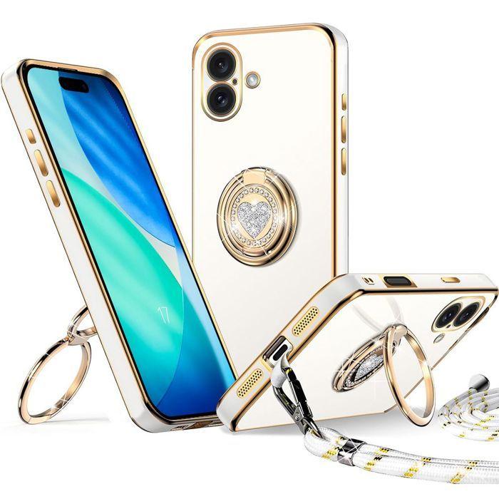 Coque de Protection - BOOLING - pour iPhone 17 - Silicone Souple Antichoc avec Anneau et Cordon - Blanc