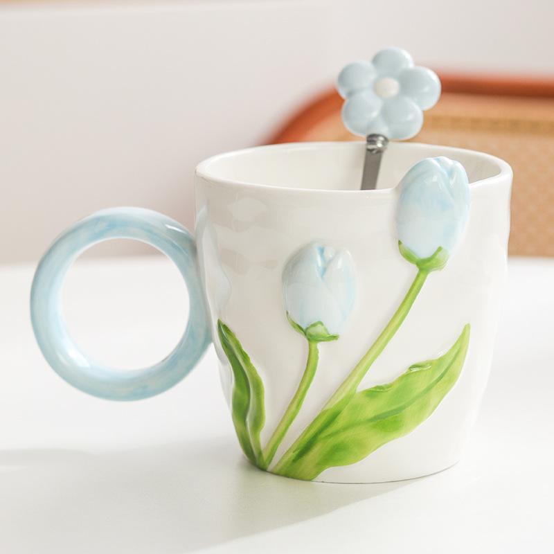 Ins High Value Tulip Mug Niche Design Sense Ceramic Cup for Girls Drinking Water Cup Coffee Cup for Home Use