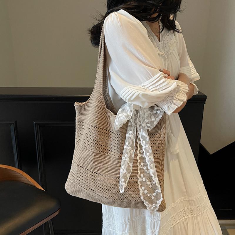 Yogodlns Summer Beach Tote Bag Women New Fashion Hollow Out Weave Shoulder Bags Female Lace Decorate Handbags