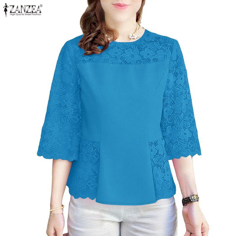 ZANZEA Women Casual Lace Crochet Splice 3/4 Sleeve Loose Blouse