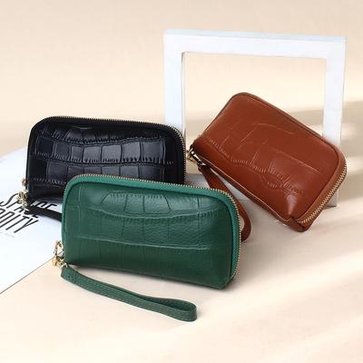 Women's Genuine Leather Clutch All-Match Stone Embossed Long Mobile Phone Bag Zipper Wrist Bag