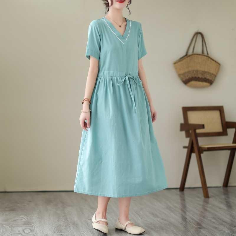 V-neck Mid-length Dress Summer New Retro Literary Large Swing A-line Skirt