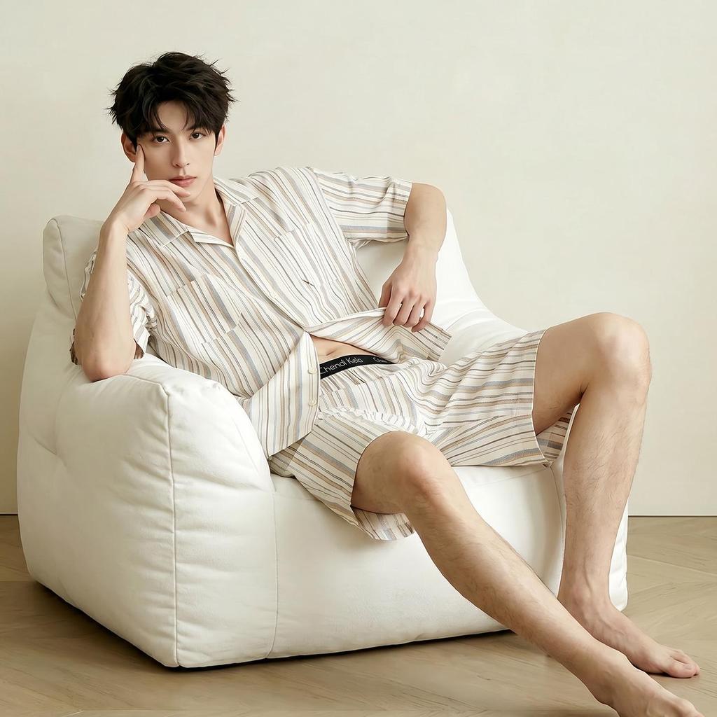 2026 Men's High-End Striped Pajama Set - Short Sleeve Lapel Style