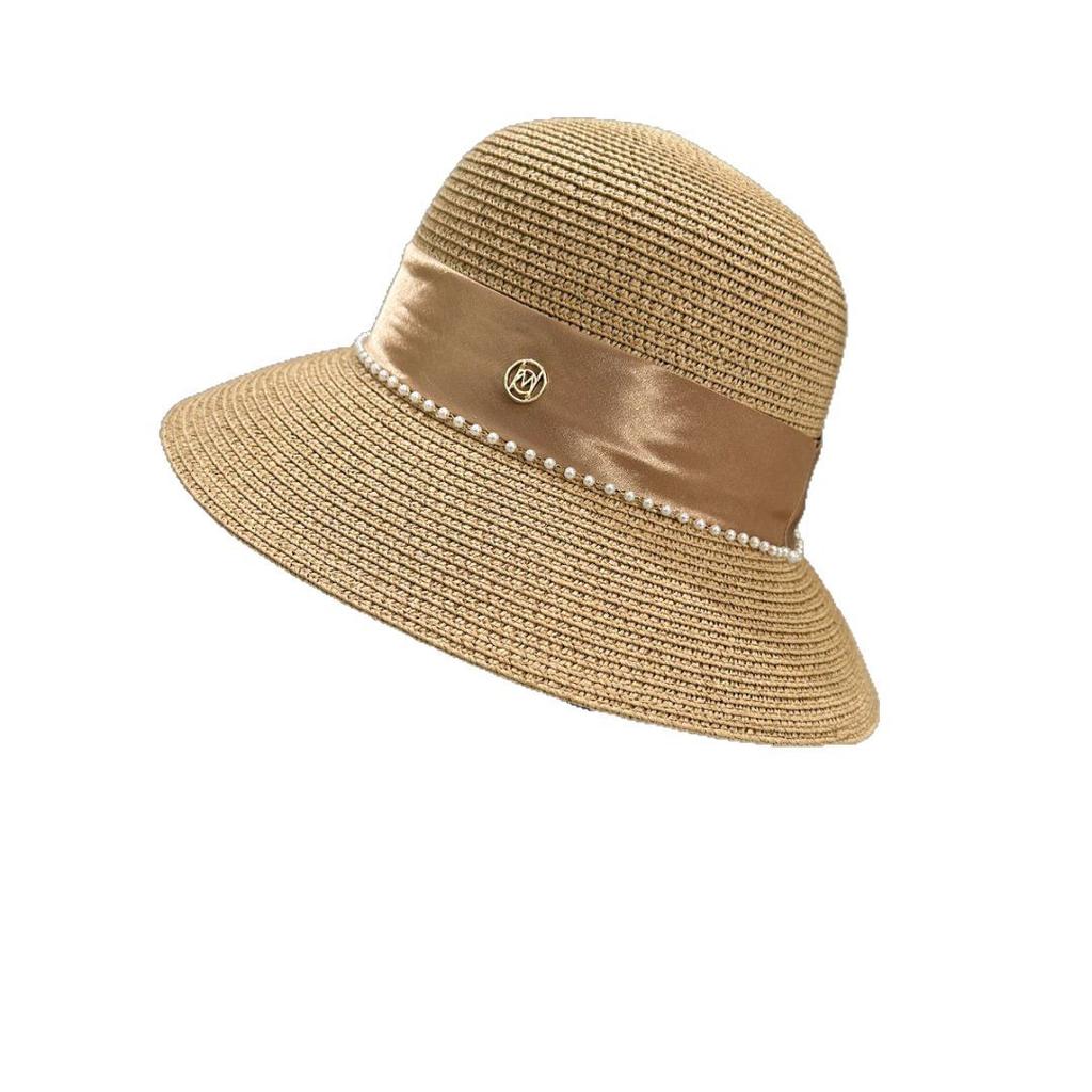 Small Fragrant Straw Hat Elegant Women'S M Standard Pearl Dome Top Hat French Light Cooked Bucket Hat Sun Protection Wide Brim Straw Hat