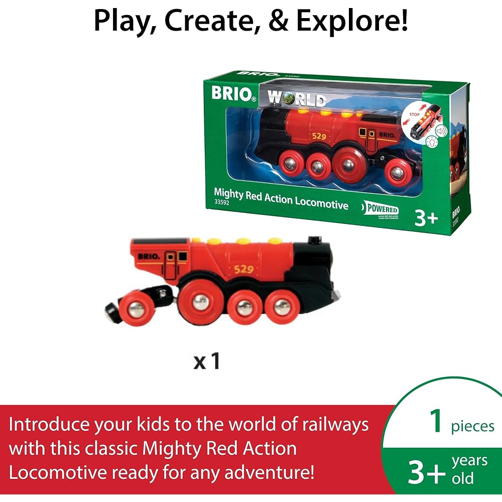 Brio Mighty Action Electric Train Set with Sound and Light 33592, Switchable Manual and Electric, Wooden Toy for Ages 3+