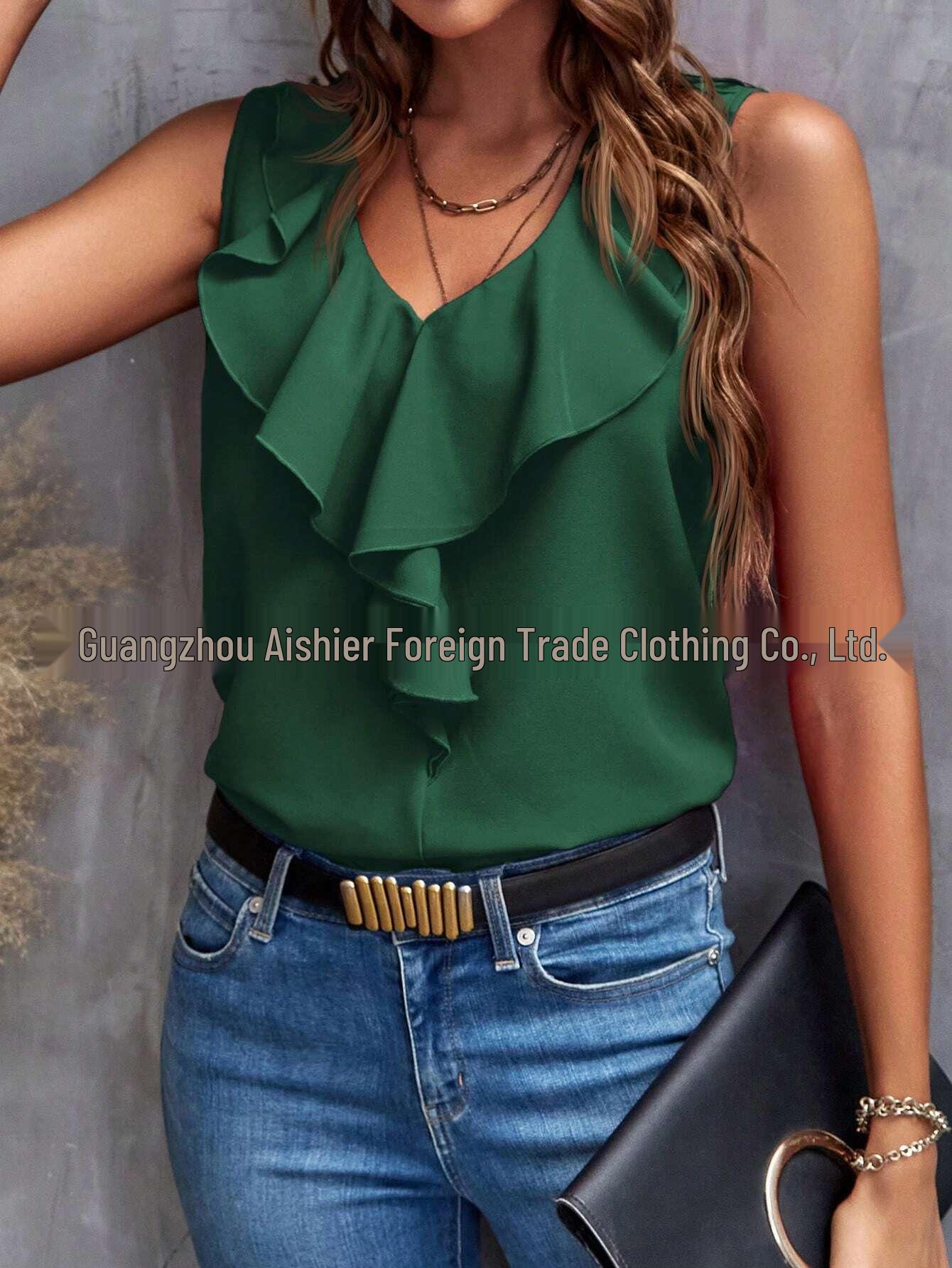 

2025 Summer Fashion Lace V-Neck Sleeveless Women s Top Large зелений