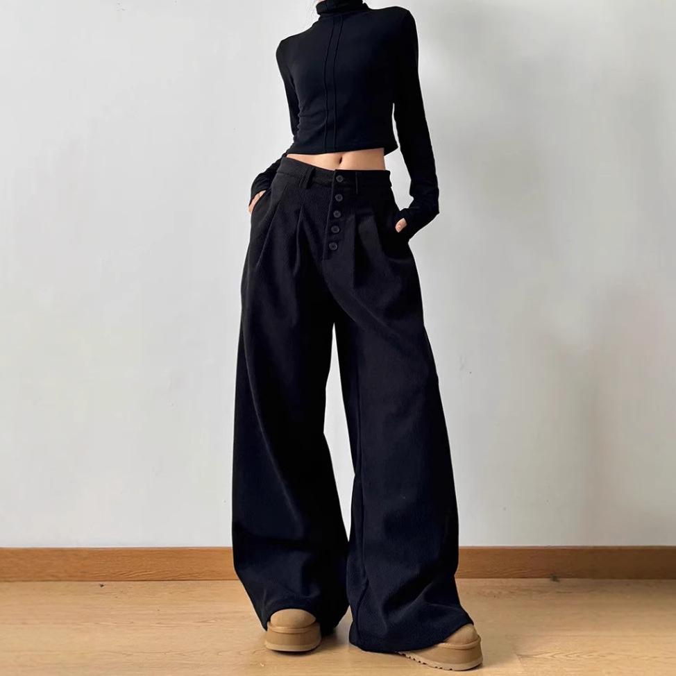 Women's 2024 Winter American Retro Wide-Leg Casual Pants - Loose Fit, High-End Drape Design