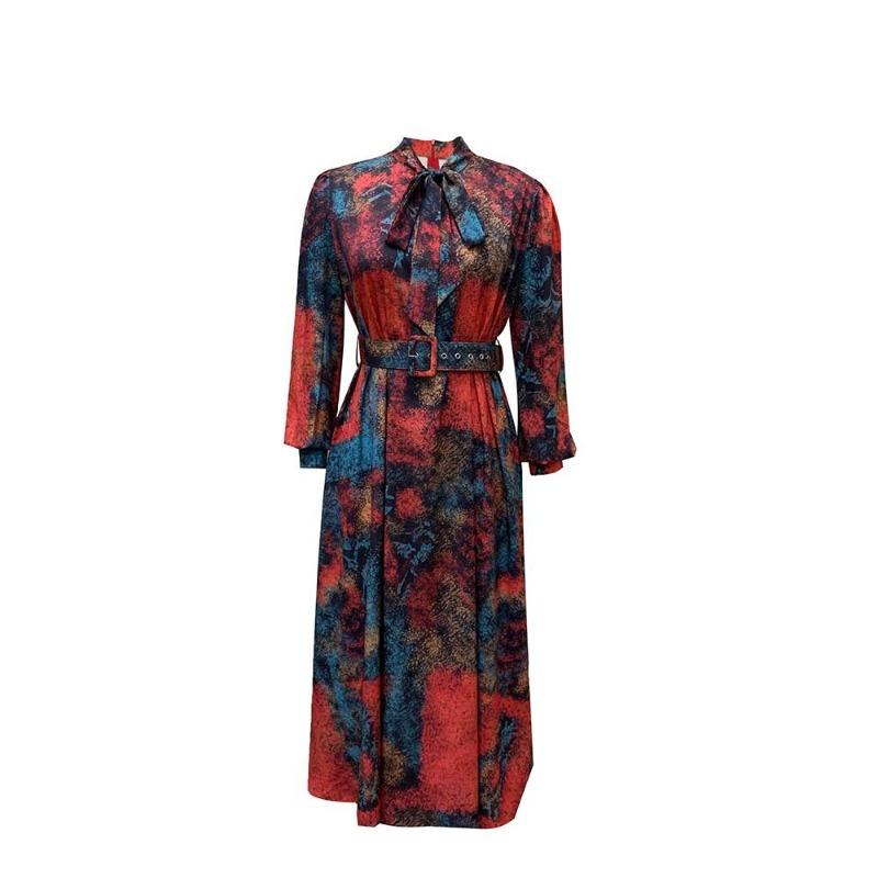 

Free belt spring new long-sleeved high-waisted printed large-size banquet dress S