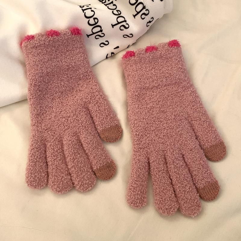 Small Jelly Bean Coral Velvet Knitted Woolen Gloves for Women Cold Proof  Thickened  Warm  Touch Screen Autumn and Winter