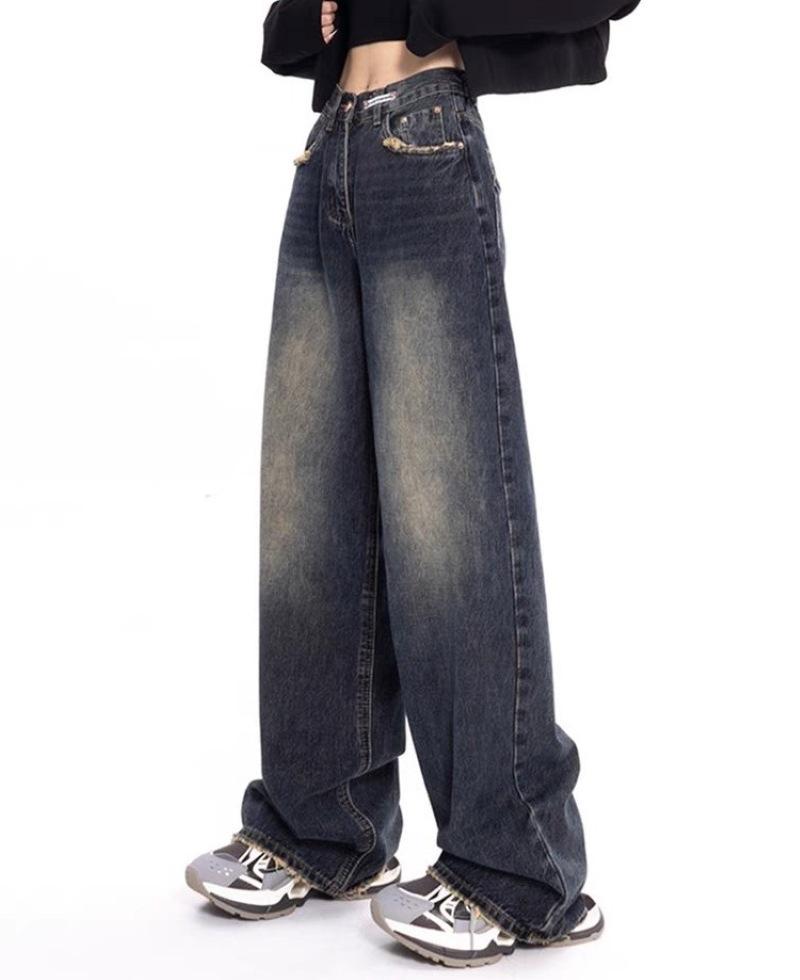 

KENH Women s Dark Blue High-Waisted Wide-Leg Jeans, Spring/Summer Raw Edge and Floor-Length XL темно-синий