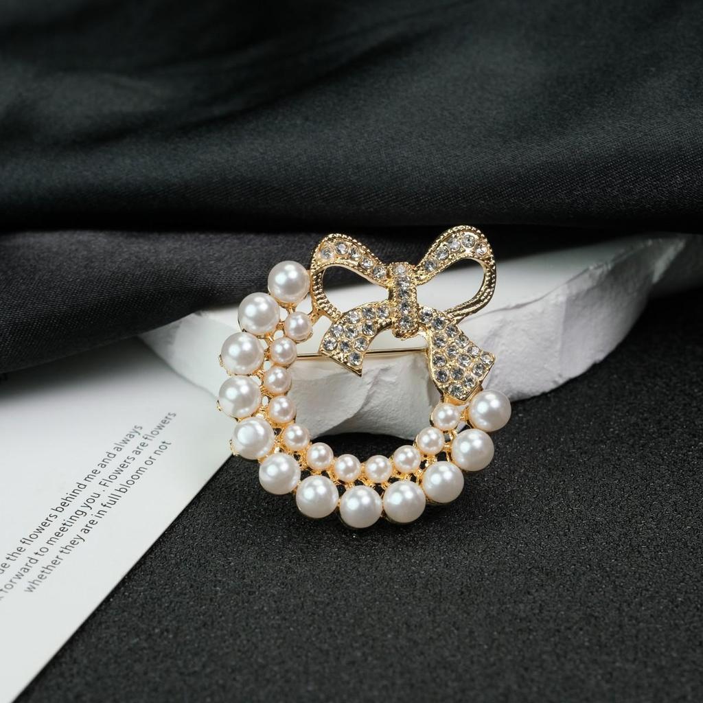 Vintage Pearl Bow Rhinestone Brooch Pin