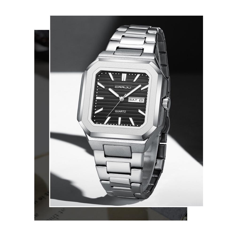 Luxury Men's Quartz Watch Square Case Day Date Display Stainless Steel Wristwatch
