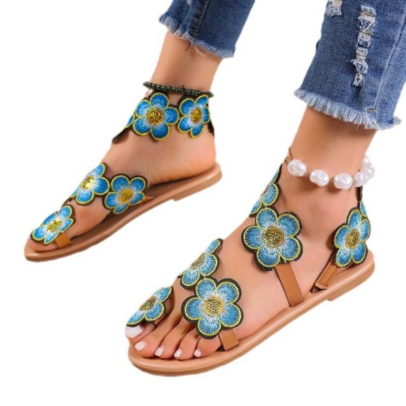 Sandals Women's Flat-bottomed Flower Women's Shoes Summer New Toe Color Beach Shoes