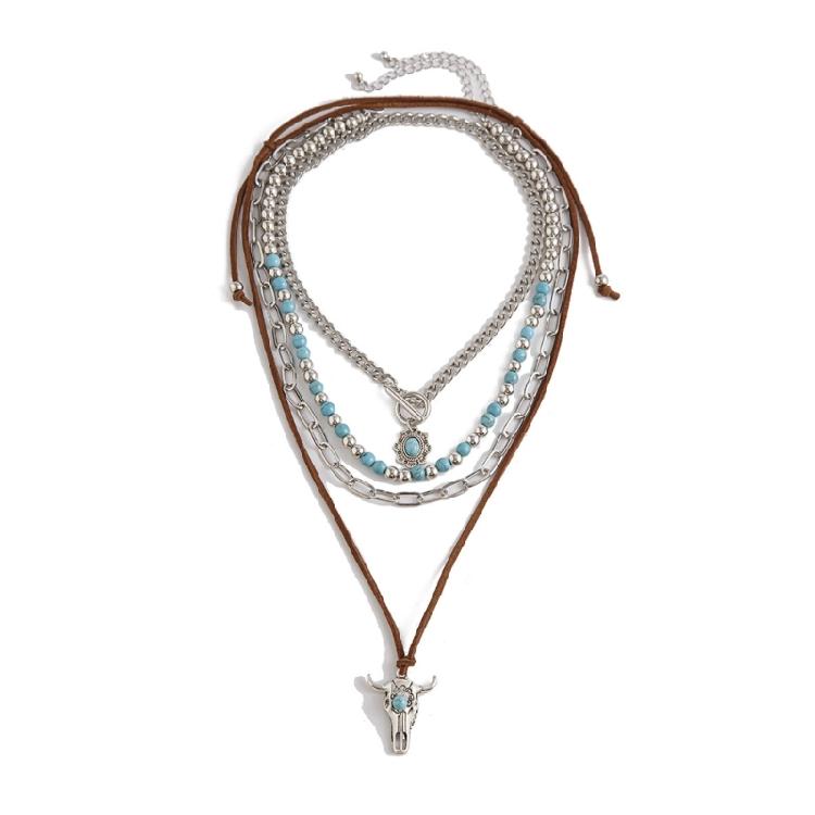 Adjustable Geometric Turquoise Beaded Necklace Multi Layered Clavicle Chain Neck Jewelry for Stylish Outfits