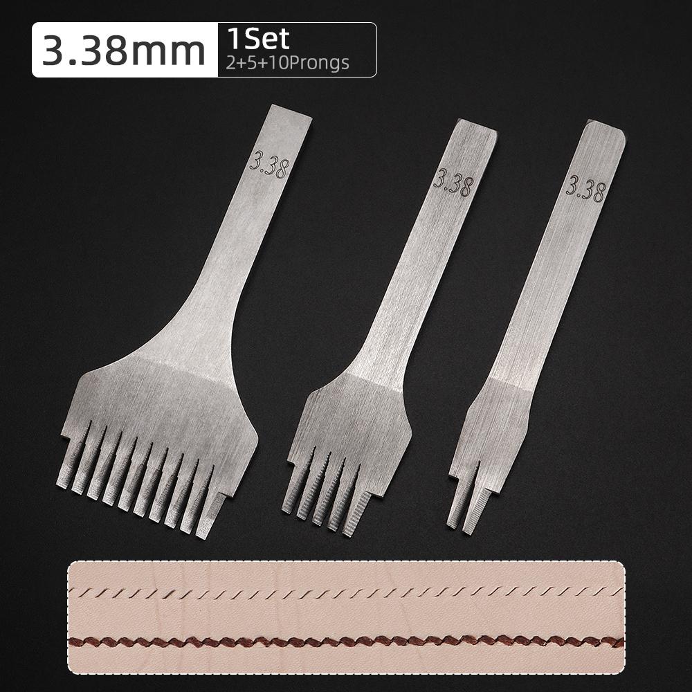 3Pcs 2.7/3.0/3.38/3.85mm Spacing 2/5/10 Teeth Leathercraft Stitching Oblique Flat Prong Chisel, DIY Craft Leather Punching Tools