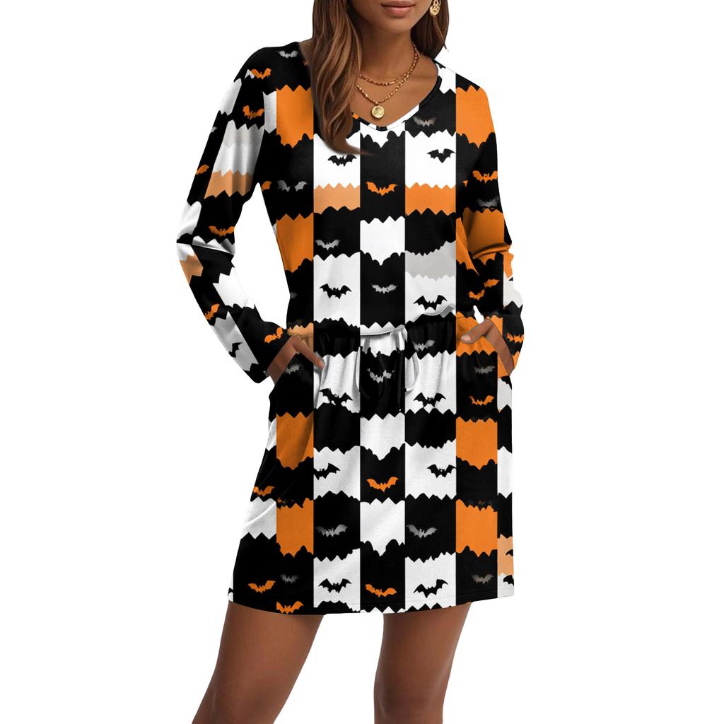 Women's Fashionable V-neck Long Sleeved Drawstring With Pocket Halloween Printed Casual Dress