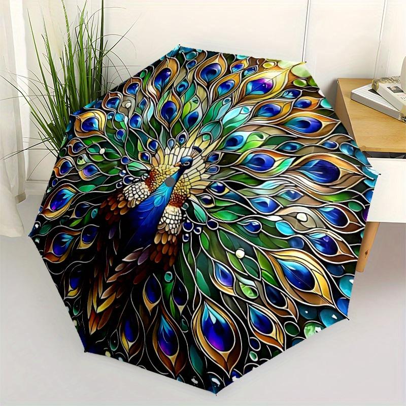 1 Stück Pfauenfeder Mandala Automatisches Öffnen, Stabiler Eisenrahmen, Kompaktes FaltDesign, Ganzjahres-Tragbarer Regenschirm für Damen & Herren, Outdoor