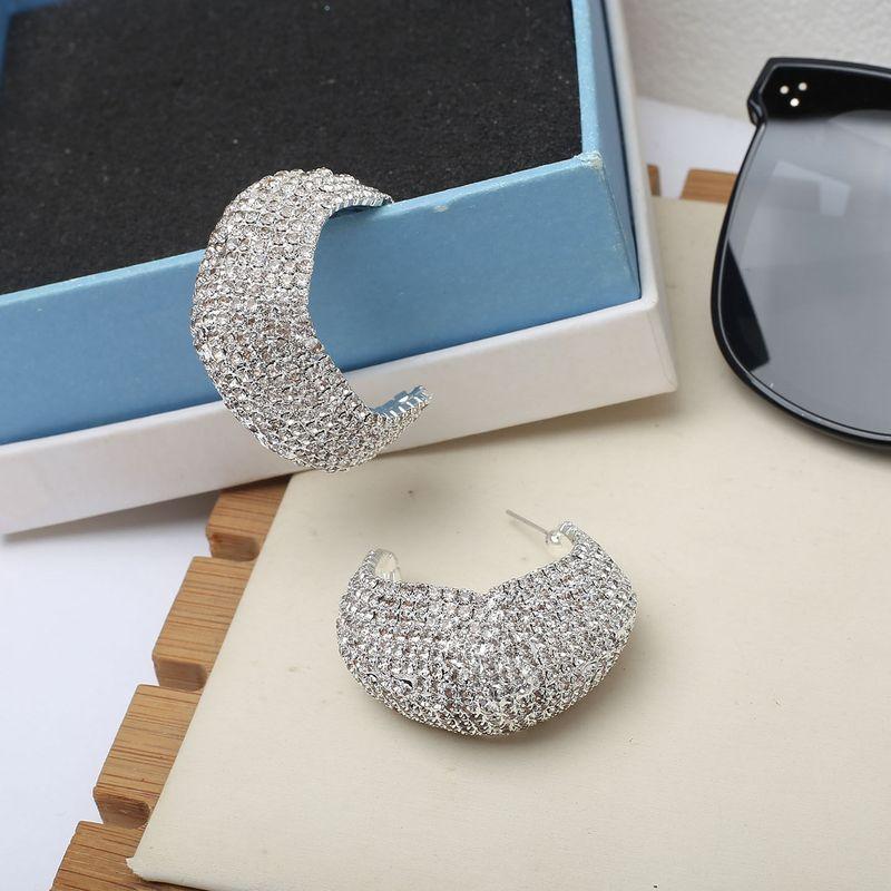 

Retro Full Diamond C-Shaped Geometric Earrings, High-End Exaggerated Rhinestone Earrings, Dazzling Street Style Party Accessories Hoop Earrings Silver