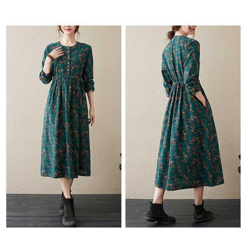 Neues bedrucktes Kleid im Ethno-Stil mit Rundhalsausschnitt und langen Ärmeln, locker