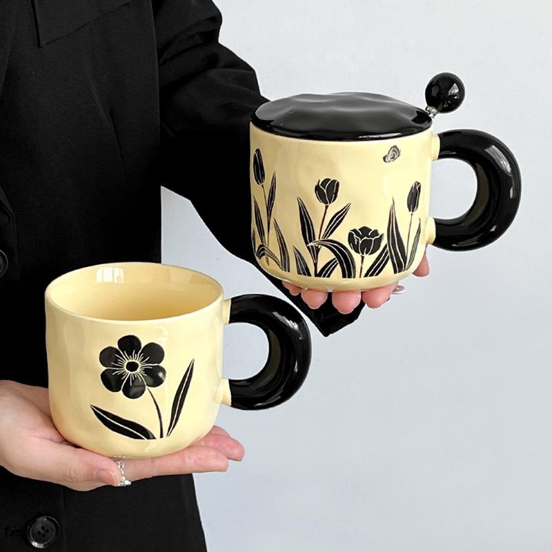 Retro Flower Ceramic Mug with Lid Spoon Premium Sense Drinking Cup Couple Gift Household Coffee Milk Mug