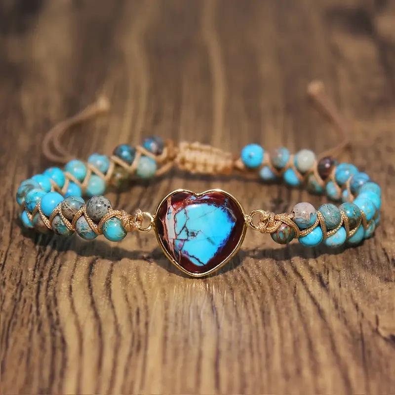 Colored Gemstone Braided Bracelet, Bohemian Vacation Bracelet, Women's Adjustable Bracelet, Gift for Girls, Heart-shaped Gemstone Bracelet