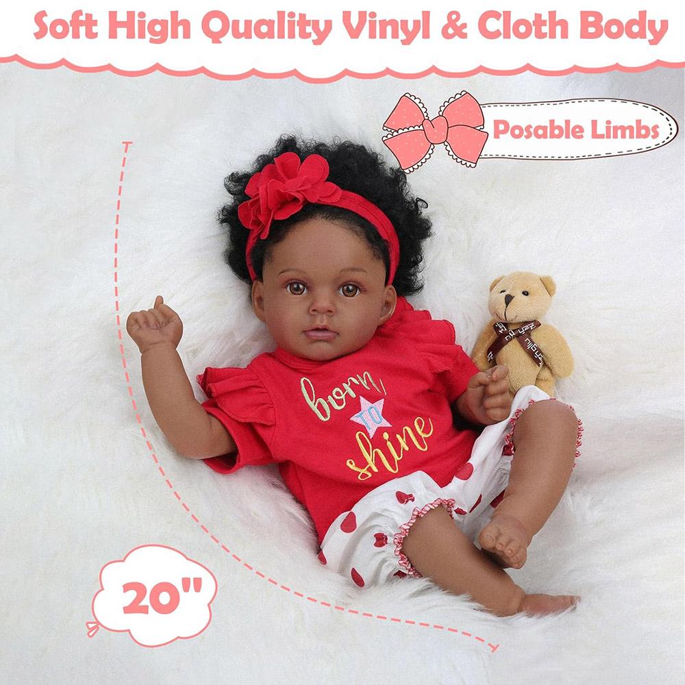 50cm Baby Doll Like Real Reborn Black Girl Realistic Painted Babies Silicone Vinyl African American Soft Cloth Body Rooted Hair