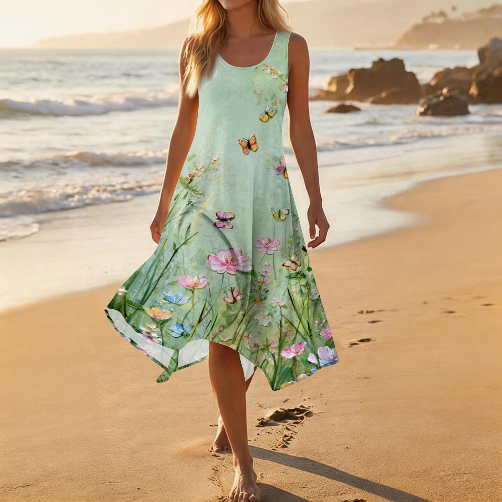 

Women s Casual Sleeveless Floral Print Dress Mid-Length Round Neck Irregular Hem Summer Beach Dress XL