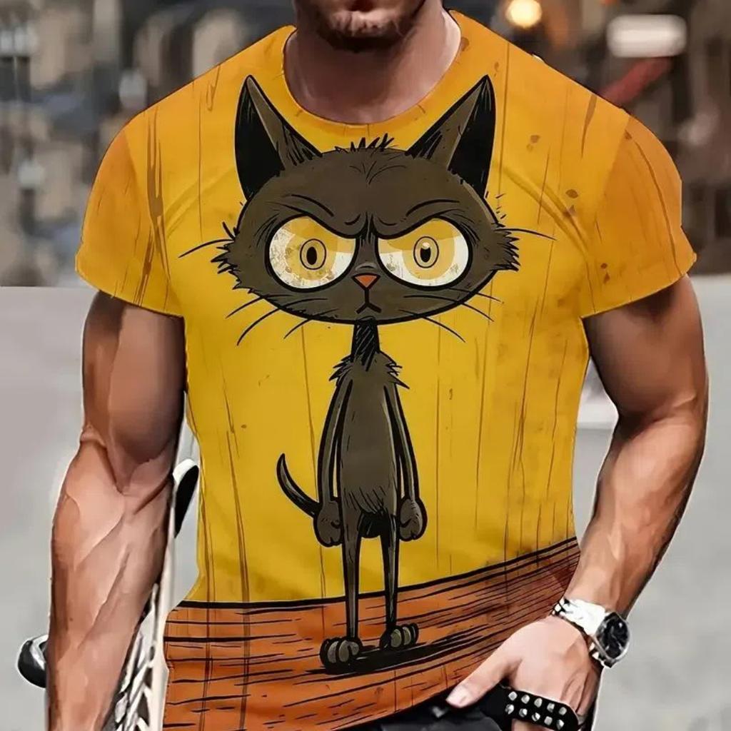 Summer Men's T Shirt Short Sleeve Animal Print Casual O-Neck Oversized Pullover Fashion Streetwear Male Clothing Cat T-Shirts