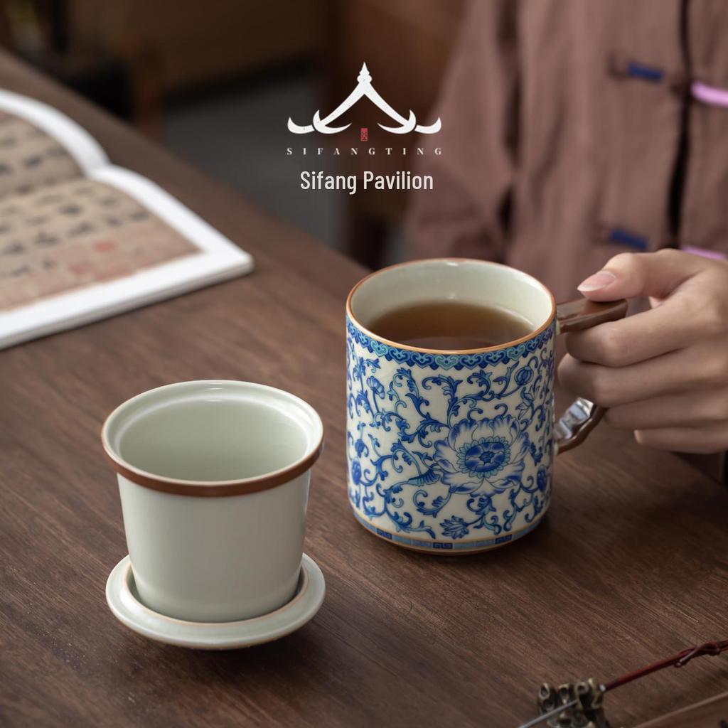 Blue & White Lotus Pattern Ceramic Mug with Lid - Chinese Style Gift Box Set for Home or Office