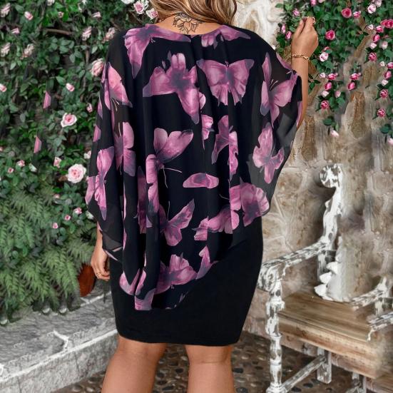 Plus Size Bodycon Dress for Women Summer Mother of The Bride Dress with Floral Chiffon Overlay Cape Formal Evening Party Cocktail Dress