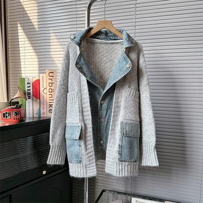 Autumn and Winter Women's Sweater Coat Women Spliced Denim Loose Retro Knit Cardigan Top